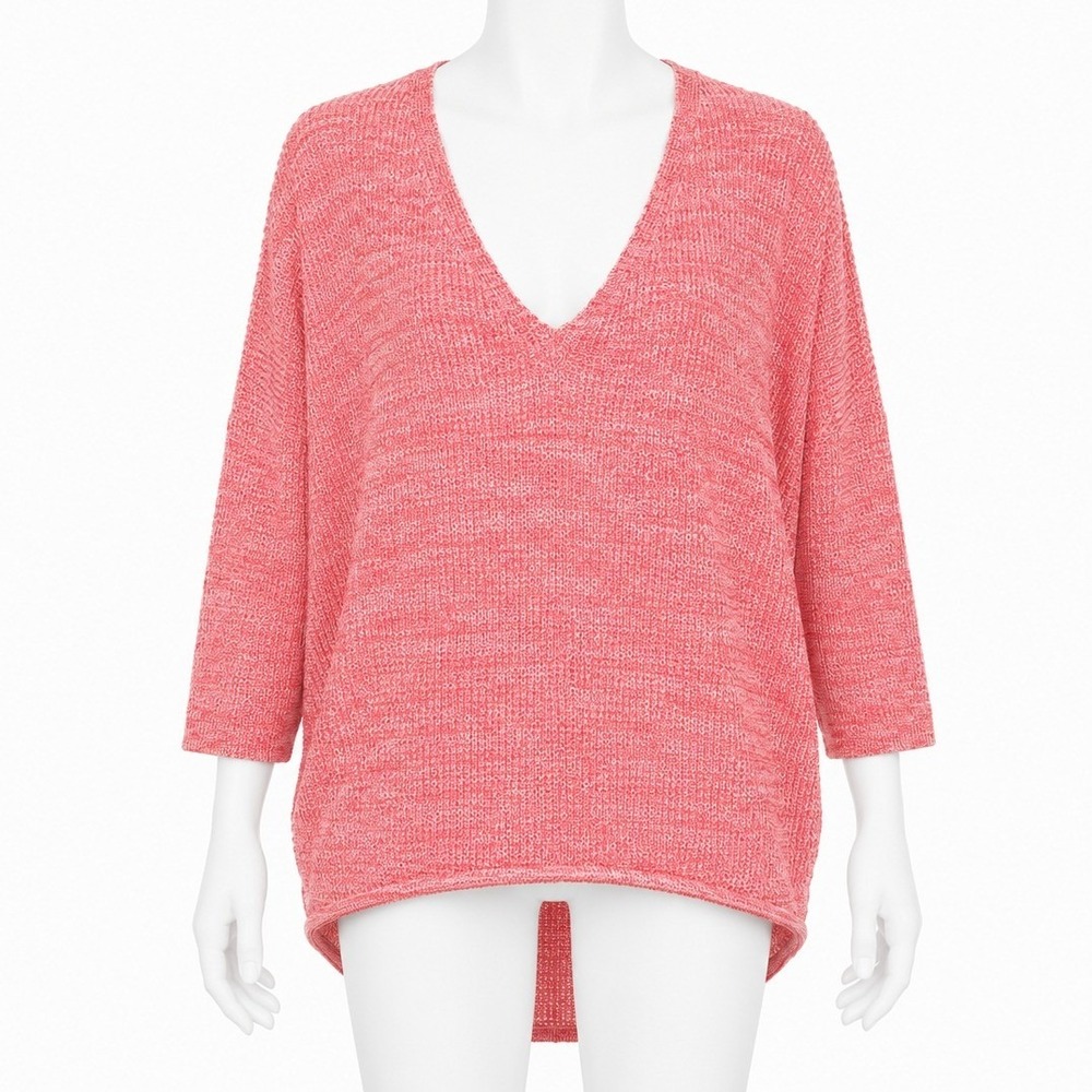 Express Sweater Women Medium Red White V-Neck 3/4 Sleeve High-Low Marl Knit Top